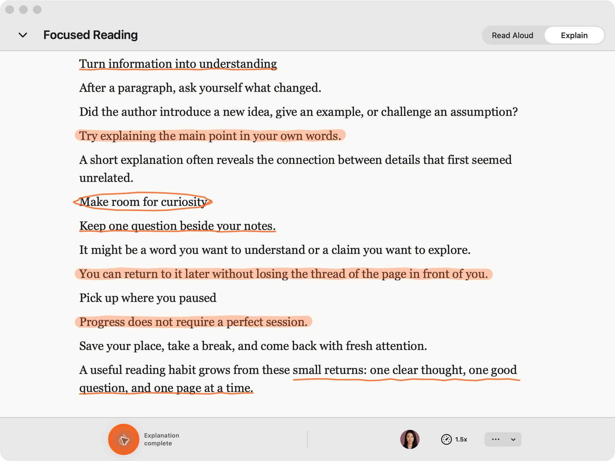 CastReader Mac Explain view with hand-drawn orange underlines, circles and highlighted passages