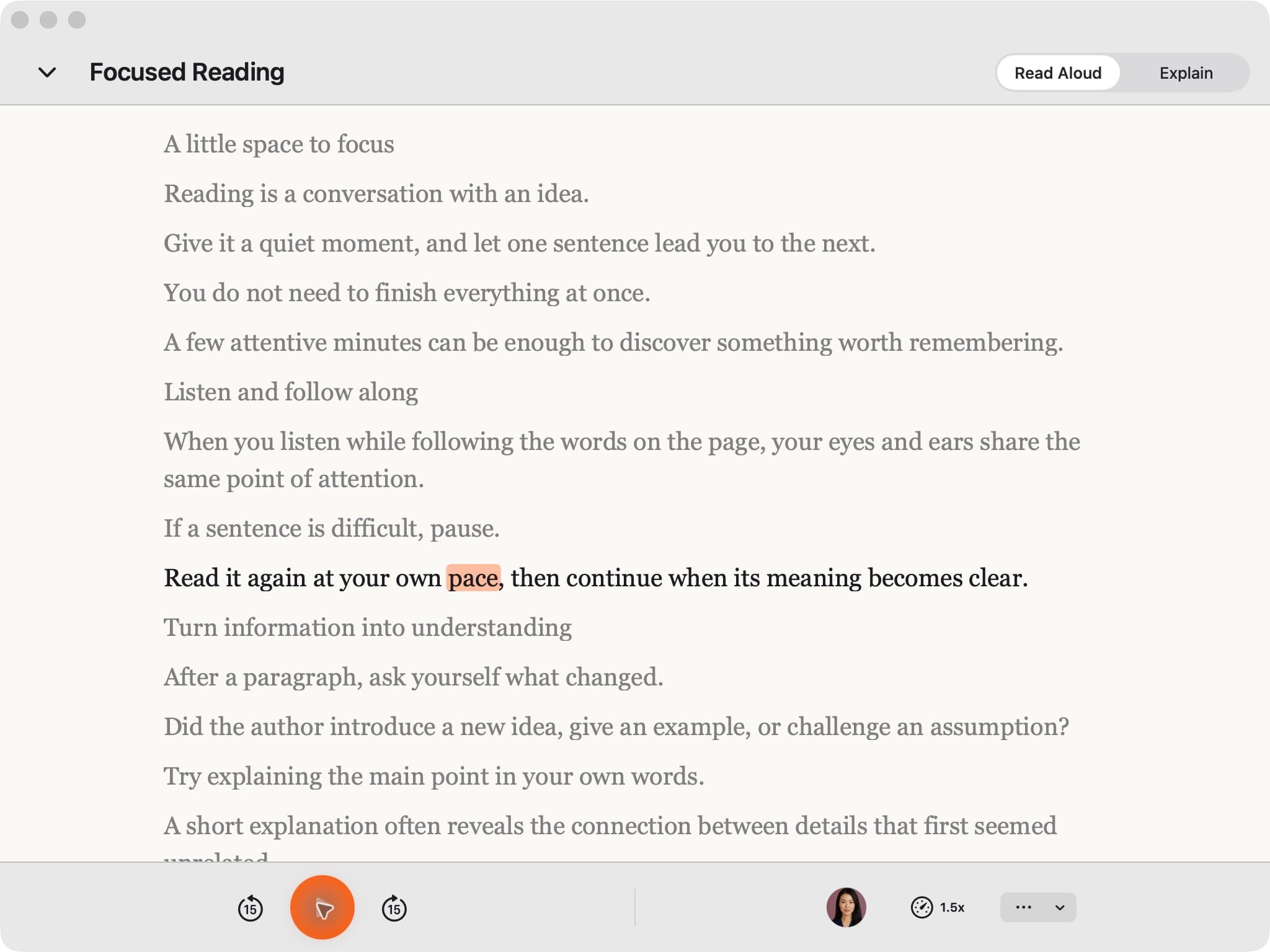 Real CastReader Mac reading view with the current word highlighted and playback controls beneath the document