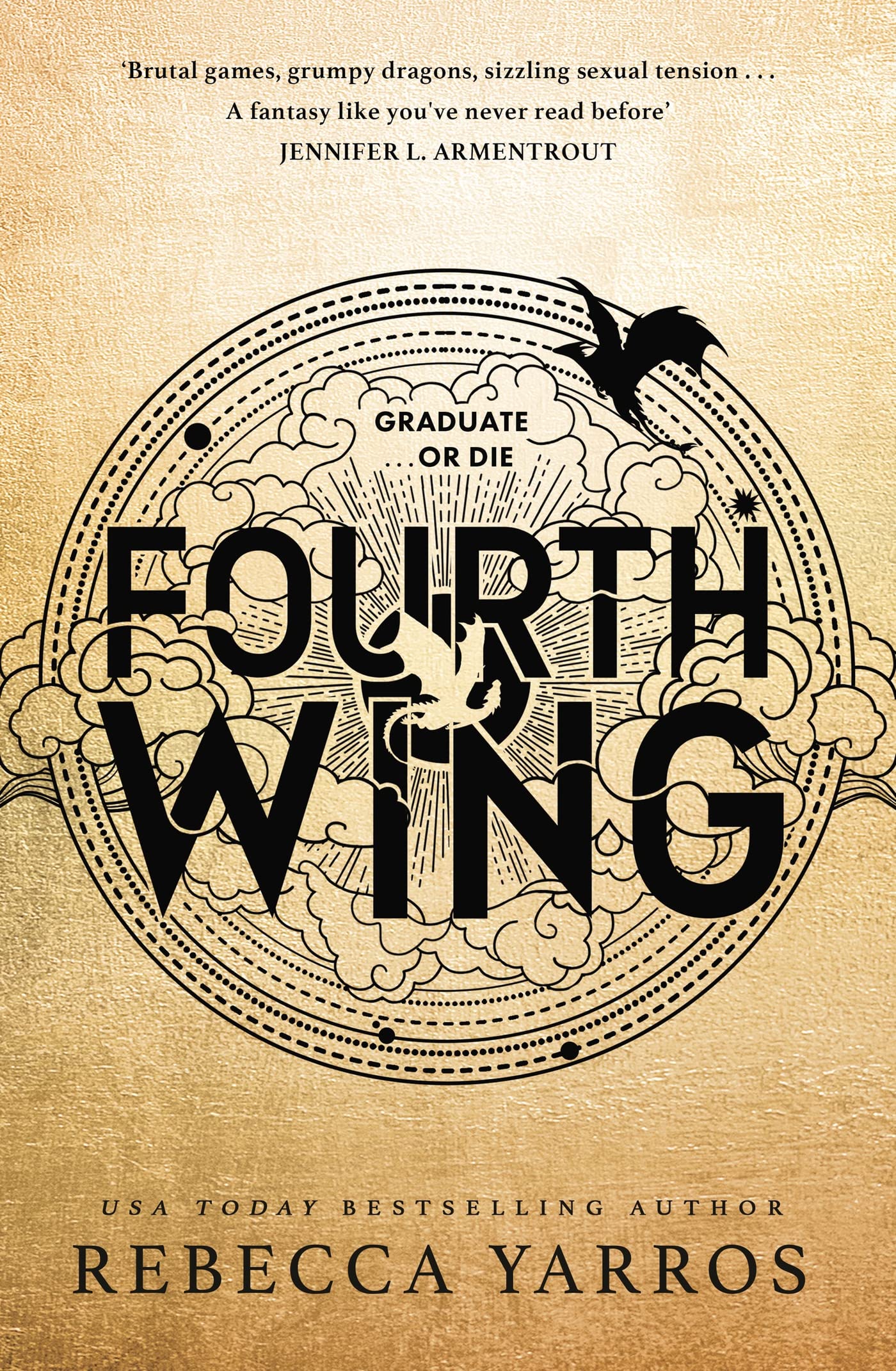 Gold and black dragon cover of Fourth Wing by Rebecca Yarros