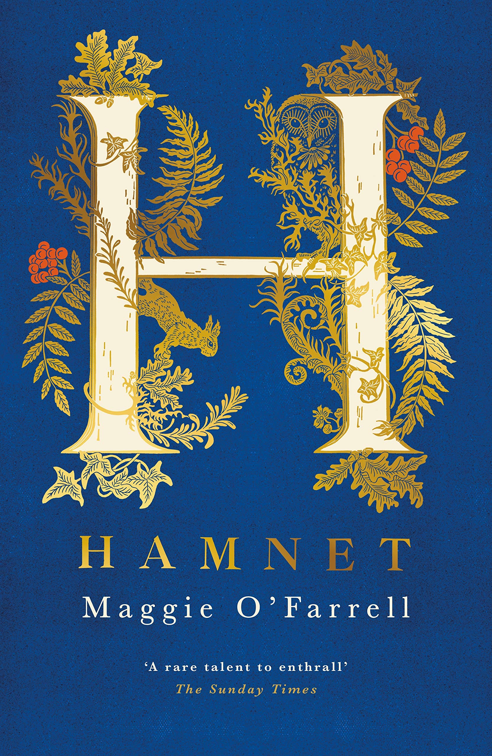 Blue and gold cover of Hamnet by Maggie O'Farrell