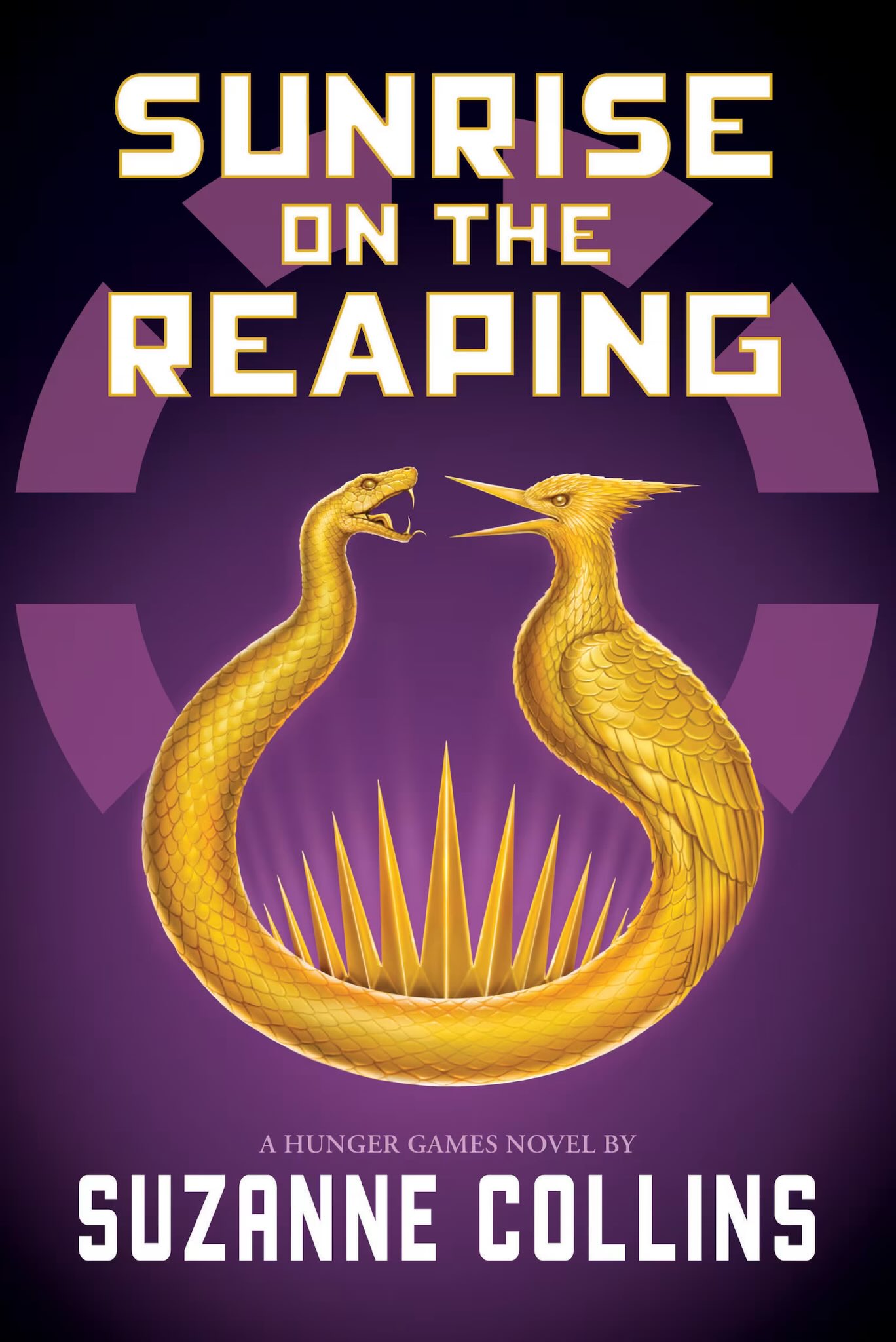 Purple and gold English cover of Sunrise on the Reaping by Suzanne Collins