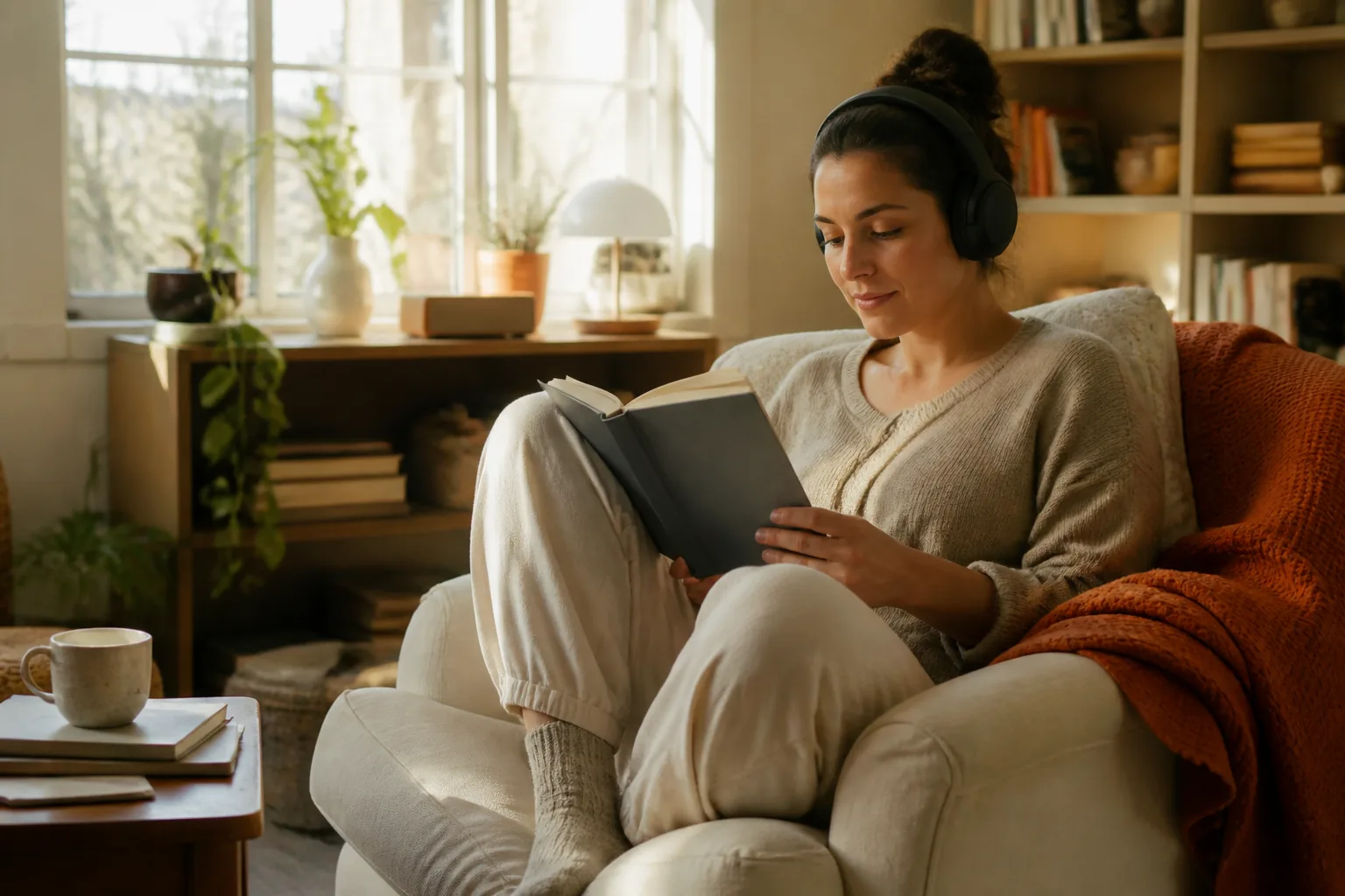 A reader listens through headphones while relaxing with a book in a warm reading corner