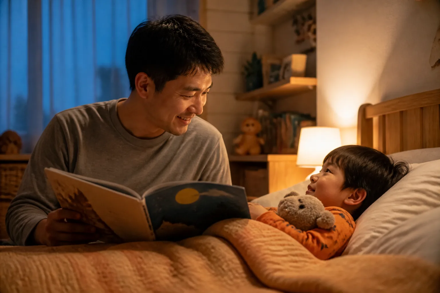 A parent and child share a warm bedtime story