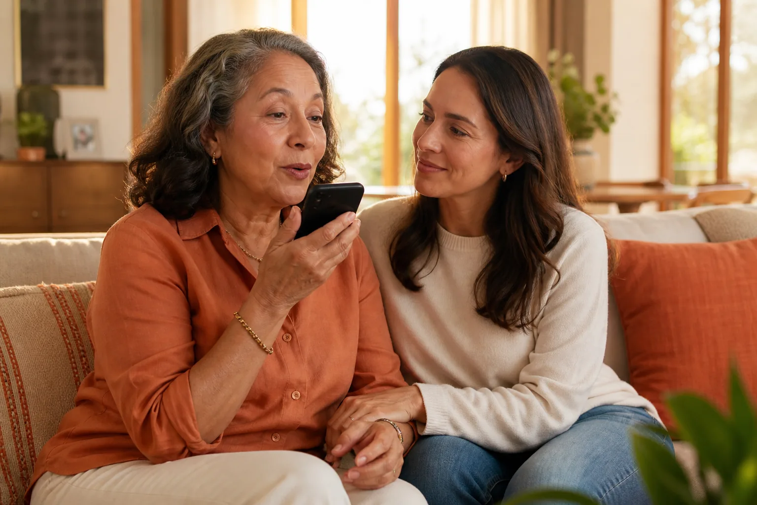 A mother records her voice while her adult daughter listens beside her