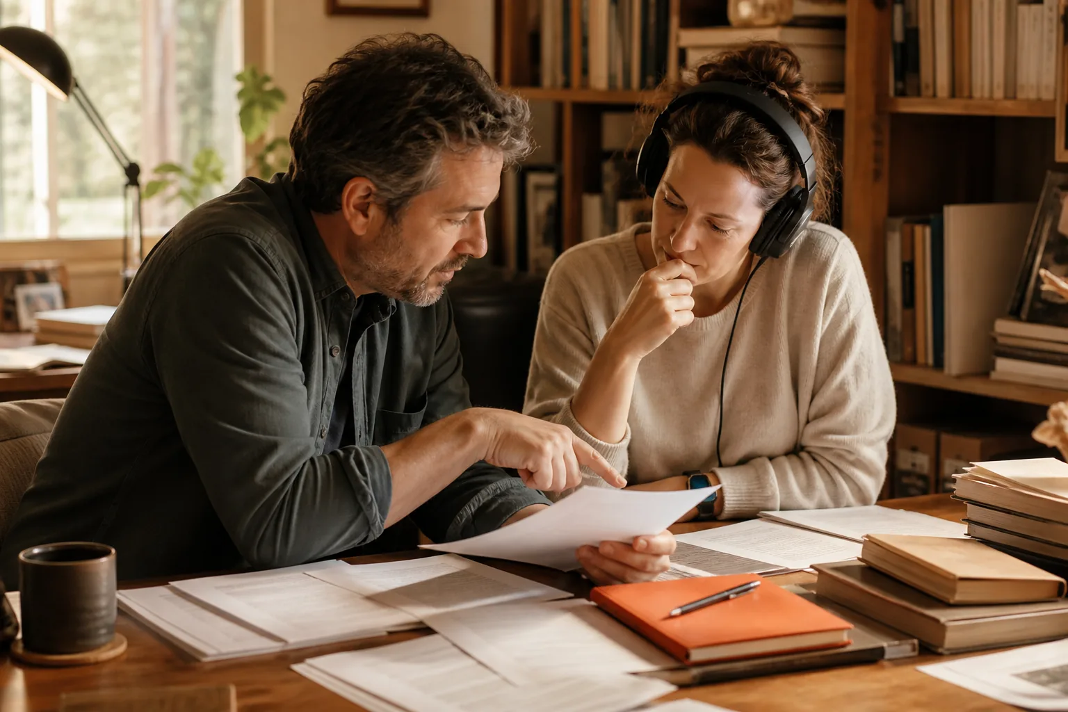 An author and a trusted listener review an audiobook manuscript together