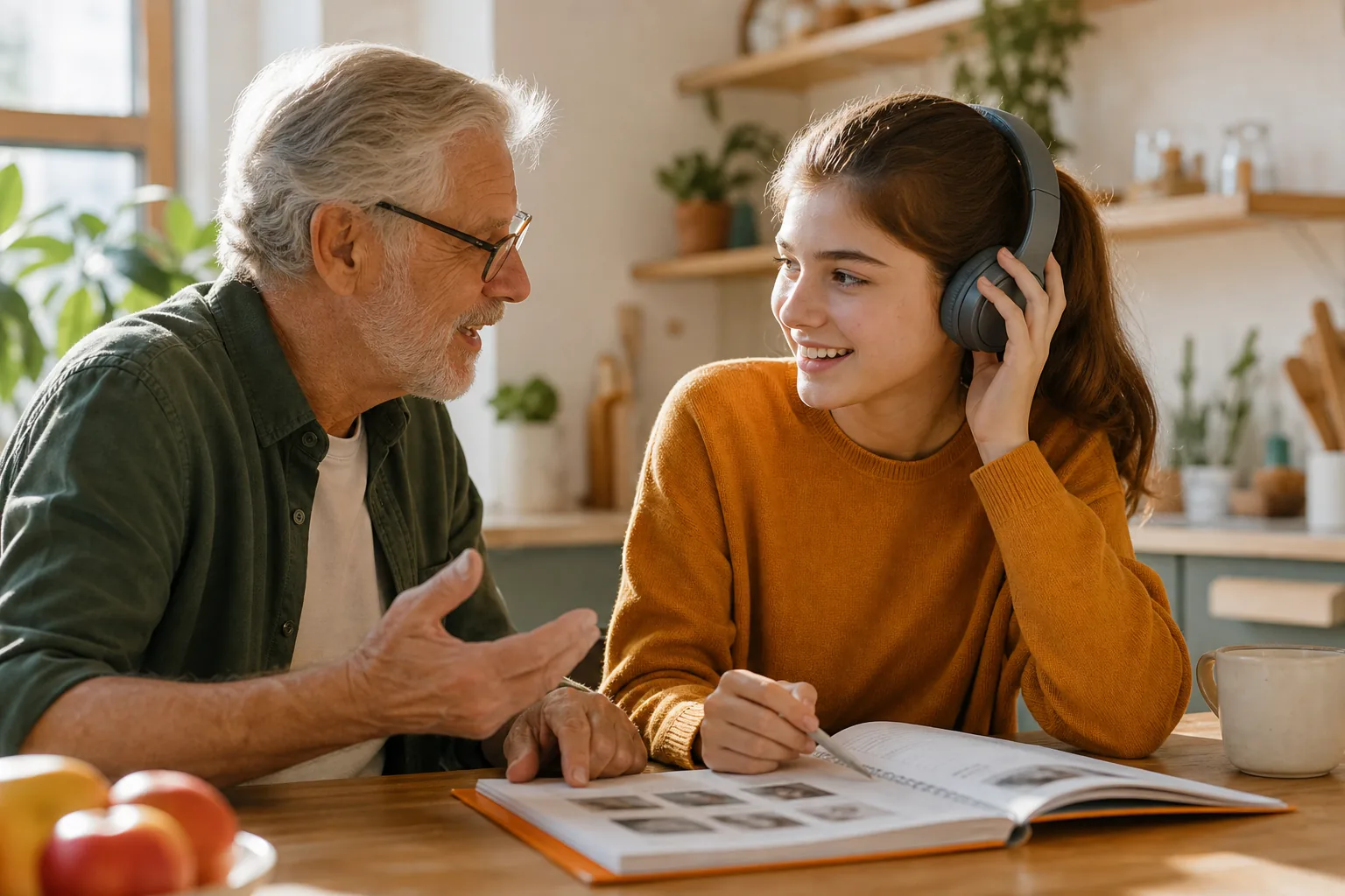 A grandparent helps a teenager learn with a familiar voice