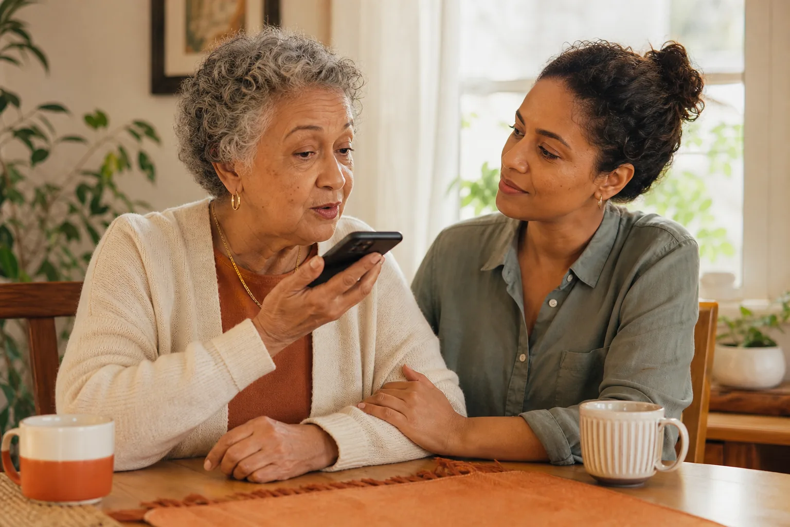 An older adult records their voice with a family member present and participating